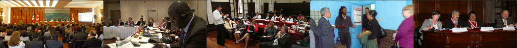 A collage of 5 color photographs features Canadian and foreign judges and court administrators at international conferences and meetings, including the Legal Empowerment of the Poor Roundtable meetings held across Canada.